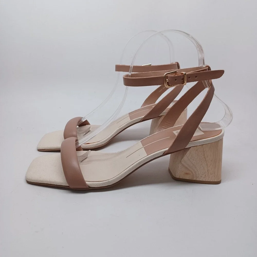 Dolce Vita Tan Wood‎ Block Heel Sandals Square Toe Ankle Strap Womens Size 8